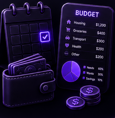 A budget breakdown on a phone with categories, a pie chart, wallet, and coins