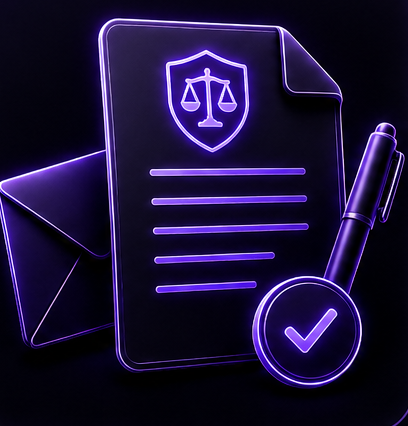 A dispute letter with a legal shield icon, envelope, pen, and approval checkmark
