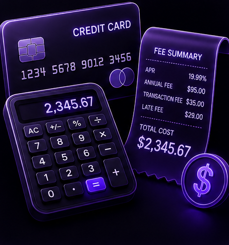 A credit card, calculator, and itemized fee summary receipt