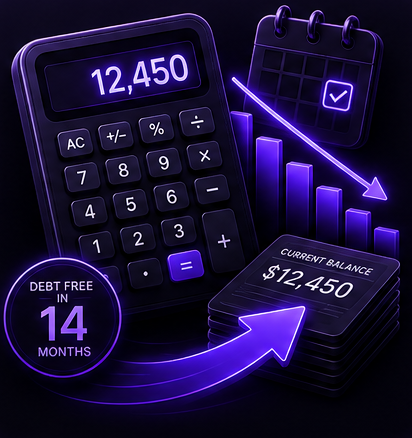 A calculator showing a balance of 12,450, a declining bar chart, and a debt-free-in-14-months badge