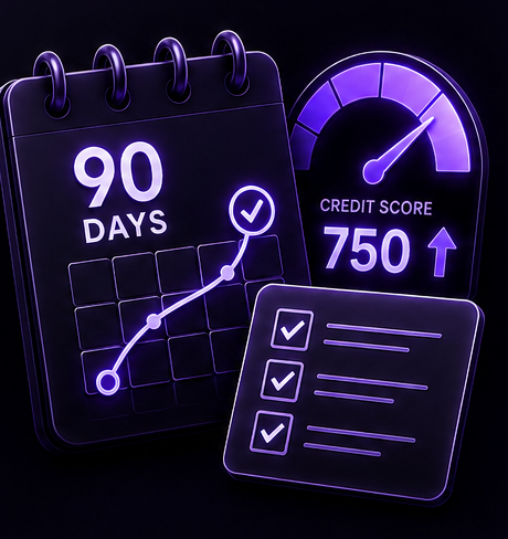 Calendar marked 90 days, a credit score gauge reading 750, and a checklist